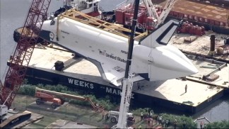 Space Shuttle Enterprise Placed on Barge