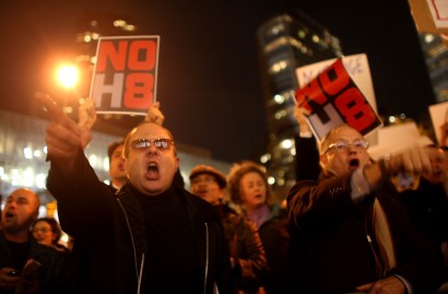 Supporters of gay marriage demonstrate in front of the Mormon Church near Lincoln Center last night. Supporters of gay marriage demonstrate in front of the Mormon Church near Lincoln Center last night.