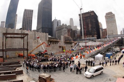 People gather at Ground Zero during a 9/11 memorial ceremony September 11, 2008 in New York City.