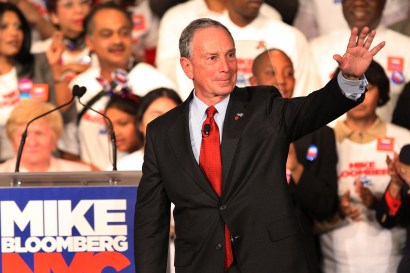 Mayor  Michael Bloomberg celebrates on stage after a narrow win over  Democratic challenger William Thompson last November.