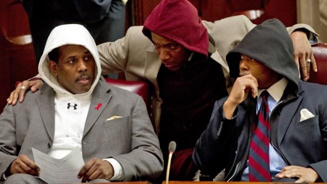 Several New York state lawmakers, including Kevin Parker, Bill Perkins and Eric Adams, wore hooded sweatshirts at the Capitol in Albany Monday in honor of slain Florida teenager Trayvon Martin.