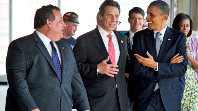 President Barack Obama got a firsthand look at how construction is progressing at the World Trade Center site on Thursday evening. The president and First Lady Michelle Obama toured One World Trade Center with Mayor Bloomberg, Gov. Andrew Cuomo and New Jersey Gov. Chris Christie.