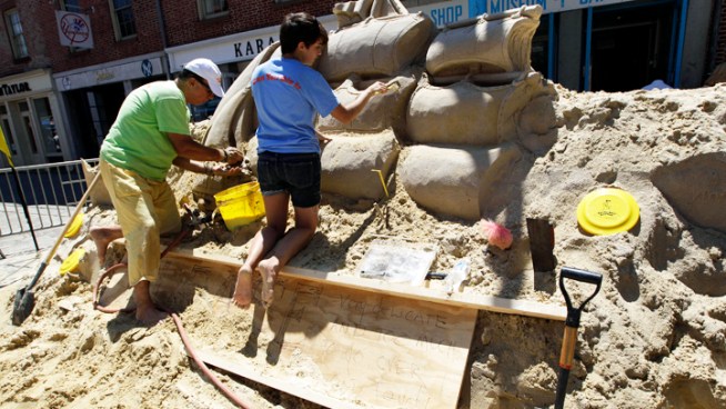 Artist Matthew Long, who's building a sand sculpture of a tall ship at South Street Seaport out of 23 tons of sand, says it was devastating to find his creation demolished by someone overnight.