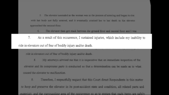 One of the witnesses to last month's fatal elevator accident in a Manhattan office building has taken legal action in the case. Pei-Sze Cheng reports.
