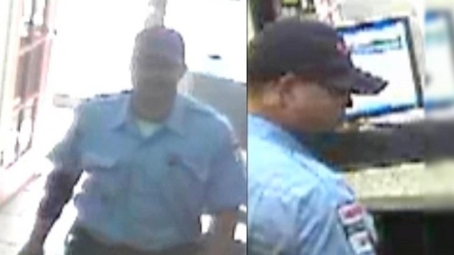 The search is on for this man, accused of disguising himself as an armored truck guard and stealing $15,000 from a Queens check-cashing business.
