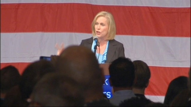 Projected US Senate winner in New York Kirsten Gillibrand congratulates her opponent Wendy Long.