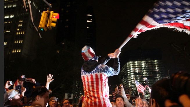 Massive crowds take to the streets to celebrate after the death of Osama Bin Laden. 
