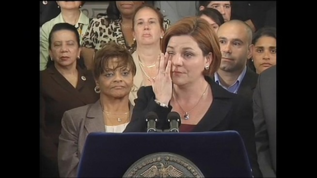 Christine Quinn had tears in her eyes as she hugged colleagues.