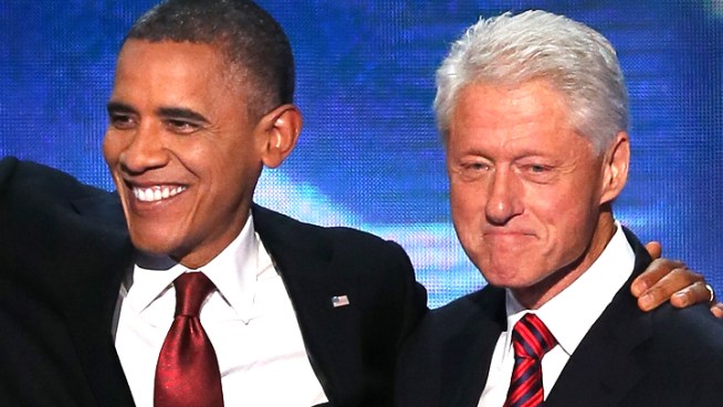Bill Clinton addressed the Democratic National Convention and nominated Barack Obama. Obama and Clinton embraced onstage shortly after the conclusion of the speech.