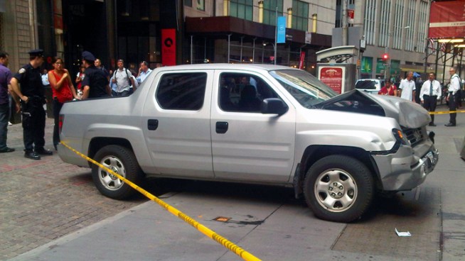 One person was killed and another injured in an accident on Broad Street near the New York Stock Exchange. The pickup truck hit at least two pedestrians at 45 Broadway at 1:30 p.m. Thursday, killing a 70-year-old man who was eating his lunch on the sidewalk. Ida Siegal reports.