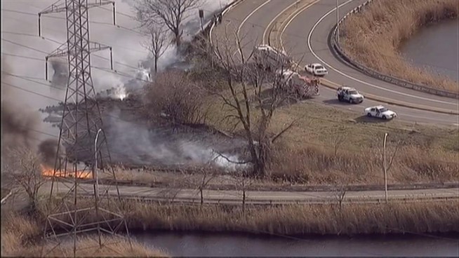 A large brush fire burned off the New Jersey Turnpike near exit 15 W Kearny Tuesday evening. It was extinguished in a few hours.