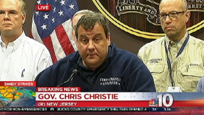 Chris Christie announces that those encouraged to stay in Atlantic City by Mayor Langford are now stuck and must hunker down for the rest of the storm.