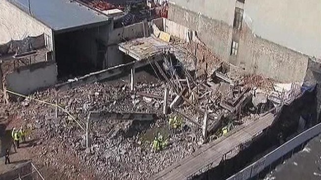One construction worker was killed and two were hospitalized after a collapse sent concrete slabs and bricks falling onto them at a work site on 130th Street, as crews were making way for the Columbia University expansion. Gus Rosendale reports.