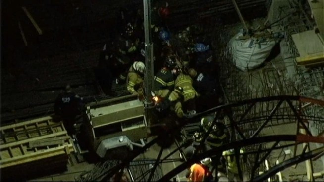 A person injured in a crane accident on a construction site on 34th Street and 11th Avenue is taken out in what a high-angle rescue operation. This is raw video of the operation.