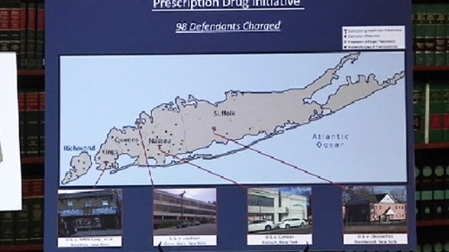 98 people have been arrested in a prescription drug trafficking bus that spanned Queens, Staten Island and Long Island. One of those charged is a Long Island doctor with links to last year's Medford pharmacy massacre. Jonathan Dienst reports.