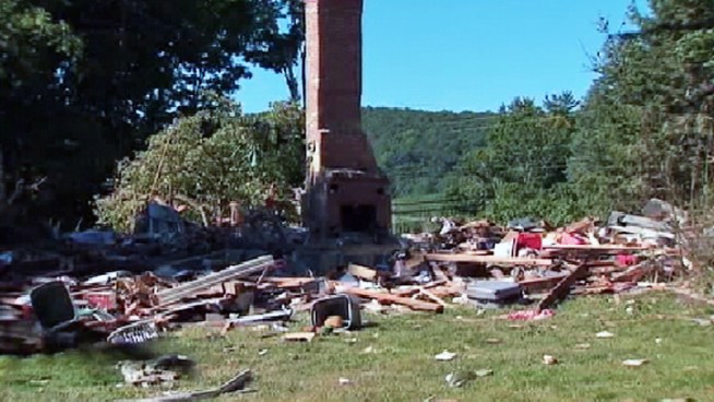 A chimney is all that's left of a New Milford home in Connecticut after it was leveled by an explosion Wednesday. A father is dead, and a little boy injured -- and it wasn't even their house. Brynn Gingras has more.
