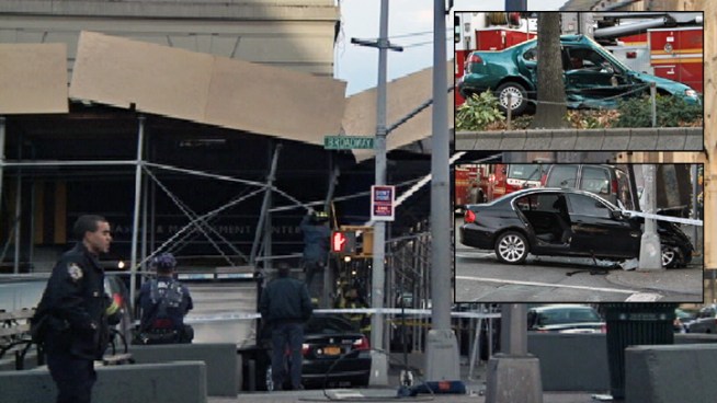 Four people were hurt and a part of sidewalk scaffolding collapsed Sunday when two cars collided at Broadway and 161st Street in Washington Heights.