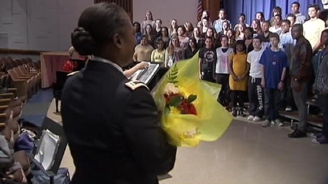 One Long Island mother is going to miss her daughter's school holiday concert when she leaves for Afghanistan next Monday. So when she stopped by her daughter's school Thursday, she got a surprise that brought everyone to tears. Greg Cergol reports.