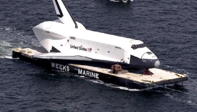 The prototype space shuttle that arrived in New York City by air earlier this spring was on the move again, this time by sea. Jonathan Vigliotti reports.