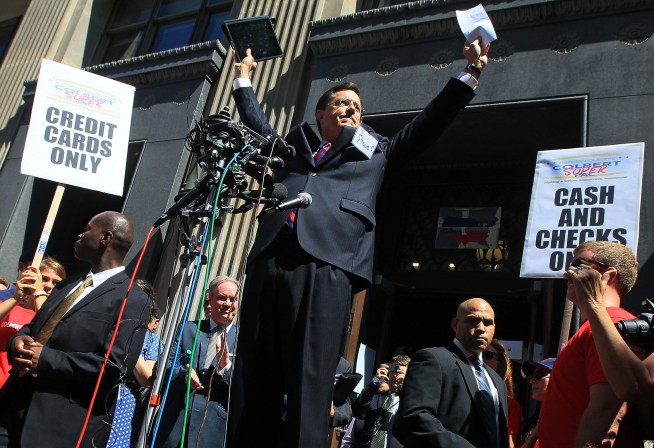 Stephen Colbert declares victory outside of the FEC.  