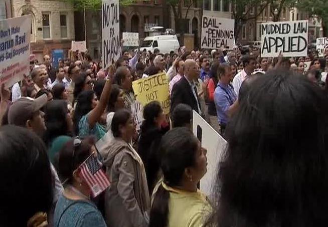 Several hundred protesters gathered Monday at the New Jersey statehouse to show support for Dharun Ravi, a former Rutgers student convicted of bias intimidation in Tyler Clementi's case, and to call attention to what they see as injustices in New Jersey's hate-crime laws. Brian Thompson reports. 