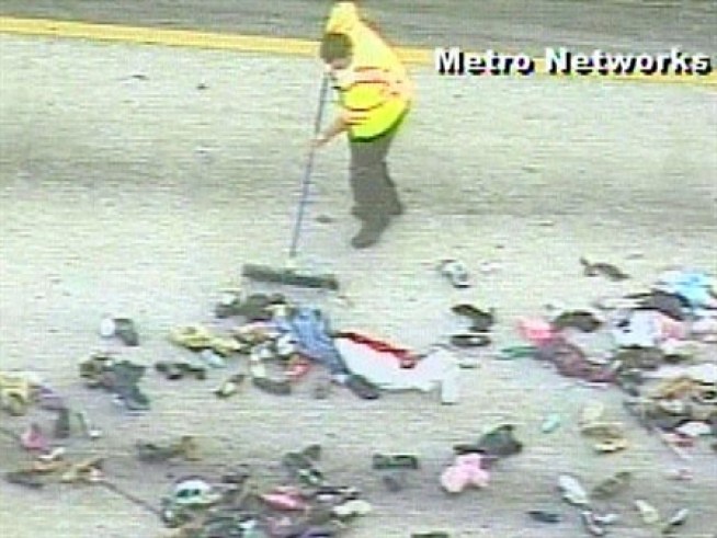Thousands of shoes were strewn across a highway in Miami Friday morning.