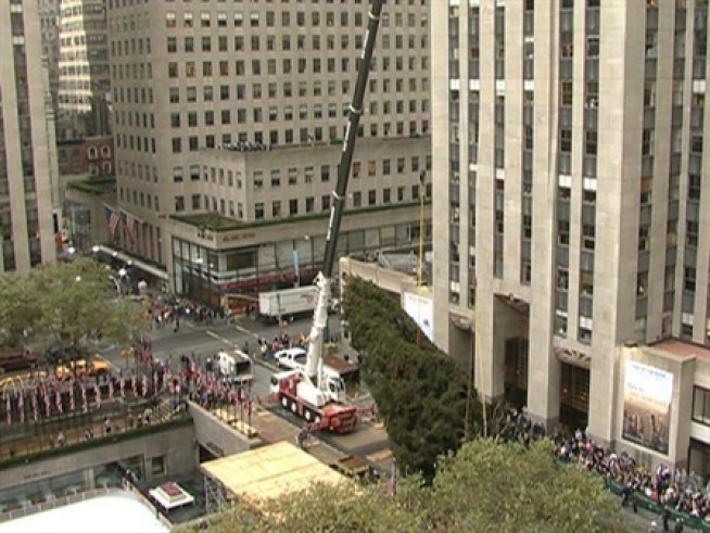 A large crane hoists the 72-foot-tall, 8-ton Norway spruce to its place in Rockefeller Plaza.