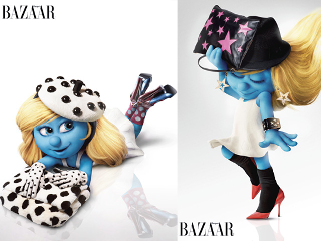 Smurfette Models Marc Jacobs and Dolce and Gabbana in Harper's Bazaar
