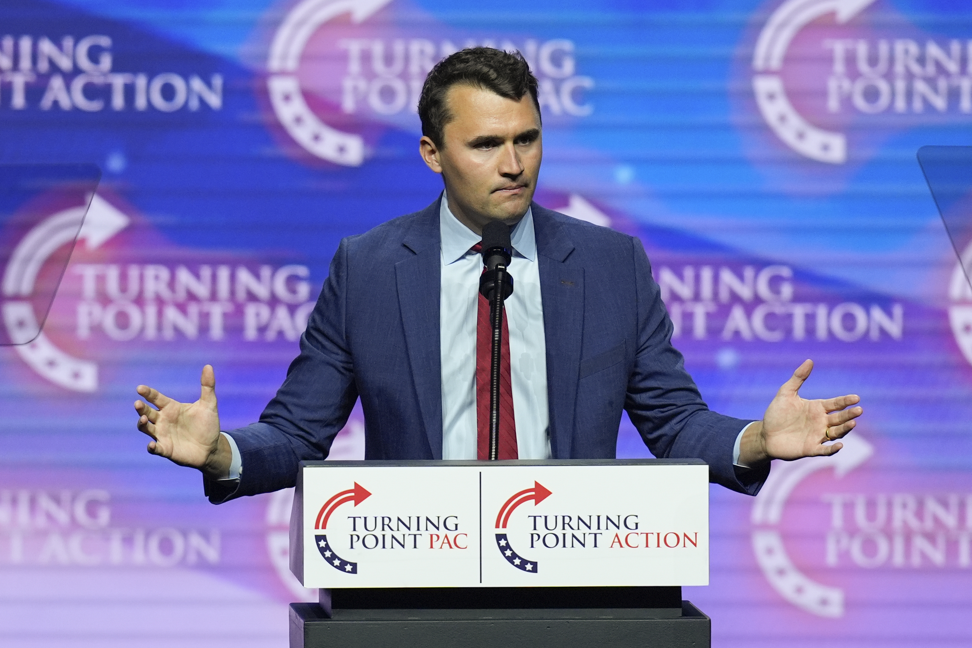 FILE - Turning Point USA Founder Charlie Kirk speaks during a campaign rally, Oct. 24, 2024, in Las Vegas.