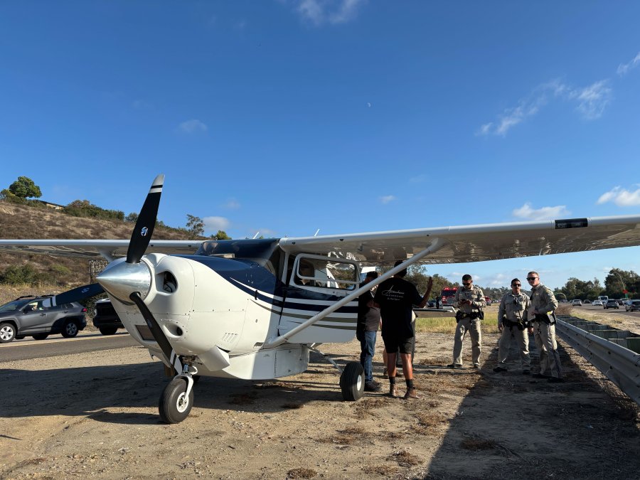 A small plane is shown after landing on the I-15 North at Aero Drive, Sept. 29, 2025.