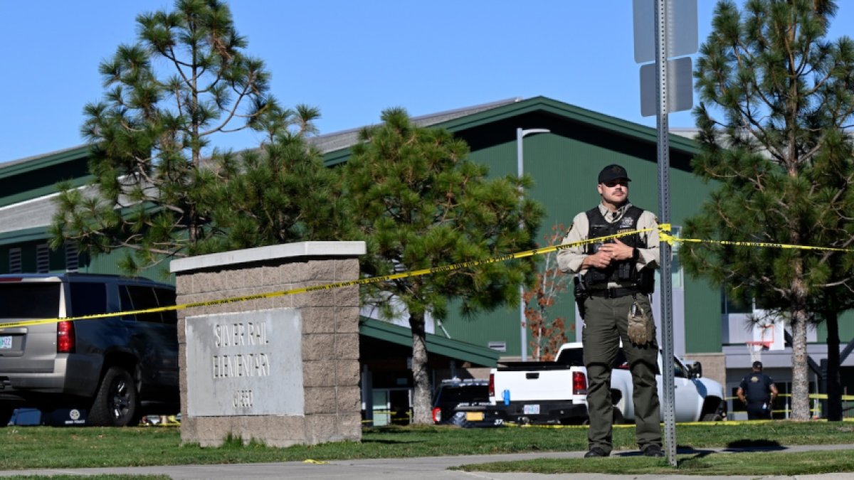 Police tape is placed outside Silver Rail Elementary school, where a shooting took place, on Thursday, Oct. 15, 2026 in Bend, Ore.