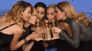 From left: Actors Laura Dern, Nicole Kidman, Zoe Kravitz, Reese Witherspoon and Shailene Woodley pose with the Best Television Limited Series or Motion Picture Made for Television award for 'Big Little Lies' in the press room during The 75th Annual Golden Globe Awards at The Beverly Hilton Hotel on January 7, 2018 in Beverly Hills, California.