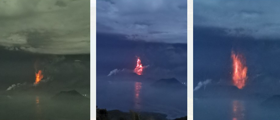 Lava spews from the crater of the Taal volcano over Lake Taal, Philippines, Jan. 13, 2020. Authorities say there is a chance of a larger eruption following the initial miles-high burst of ash on Sunday and lava eruptions on Monday.