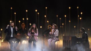 Charles Kelley, left, Hillary Scott, second left and Dave Haywood, right, of Lady Antebellum perform "What if I Never Get Over You" and "Graveyard" with Halsey, second from right at the 53rd annual CMA Awards at Bridgestone Arena, Wednesday, Nov. 13, 2019, in Nashville, Tenn.