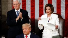 House Speaker Nancy Pelosi of Calif., tears her copy of President Donald Trump's s State of the Union address after he delivered it to a joint session of Congress on Capitol Hill in Washington, Tuesday, Feb. 4, 2020. Trump's State of the Union address was a night steeped in tense partisanship, after he appears to snub Pelosi's handshake and she rips up his speech.