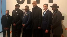 In this Feb. 11, 2020, photo, from left, New York basketball stars Andre Barrett, Sam Perkins, Bernard King, Kareem Abdul-Jabbar, Kiki VanDeWeghe and Felipe Lopez pose for a photo at the Museum of the City of New York, to celebrate the opening of an exhibit to honor the history of the game in the big apple. The exhibit has high school college and pro memorabilia including rare photos and videos of Abdul-Jabbar playing in high school. (AP Photo/Doug Feinberg)