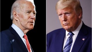 In this combination of file photos, former Vice President Joe Biden speaks in Wilmington, Del., on March 12, 2020, left, and President Donald Trump speaks at the White House in Washington on April 5, 2020.