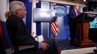 Dr. Anthony Fauci, director of the National Institute of Allergy and Infectious Diseases, listens as President Donald Trump speaks about the coronavirus in the James Brady Press Briefing Room at the White House, Monday, April 13, 2020, in Washington.