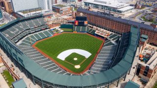 In this Thursday, March 26, 2020, file photo, Oriole Park at Camden Yards is closed on what would've been Opening Day in Baltimore, Md.