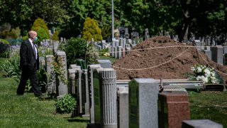 Robert Salerno, funeral director with McLaughlin & Sons funeral home in Brooklyn, wears a mask as he reviews a gravesite, shortly after a burial without family present because of coronavirus restrictions, Wednesday May 13, 2020, at Holy Cross Cemetery in the Brooklyn borough of New York