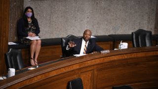 Sen. Timothy Eugene Scott, R-S.C., speaks during a Senate Banking, Housing, and Urban Affairs Committee hearing on Capitol Hill in Washington, Tuesday, June 9, 2020.