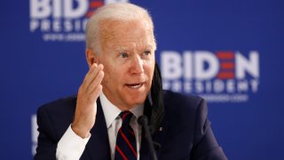 In this June 11, 2020, photo, Democratic presidential candidate former Vice President Joe Biden speaks during a roundtable on economic reopening with community members in Philadelphia.