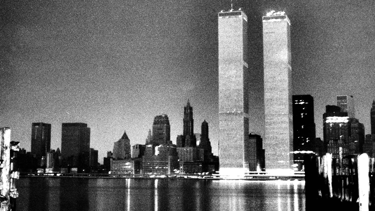 Light-colored facing on the World Trade Center makes it stand out from the blackened New York City skyline after a power failure struck the city, July 13, 1977. Lightning striking a power station is blamed for the blackout. (AP Photo/LM)