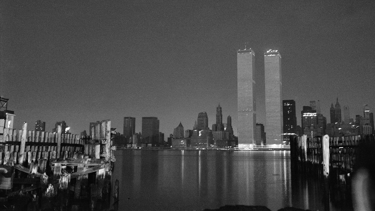 The World Trade Center stands out against a blackened New York City skyline after a power failure struck the city, July 14, 1977. Lightning striking a power station is blamed for the blackout. (AP Photo/LM)