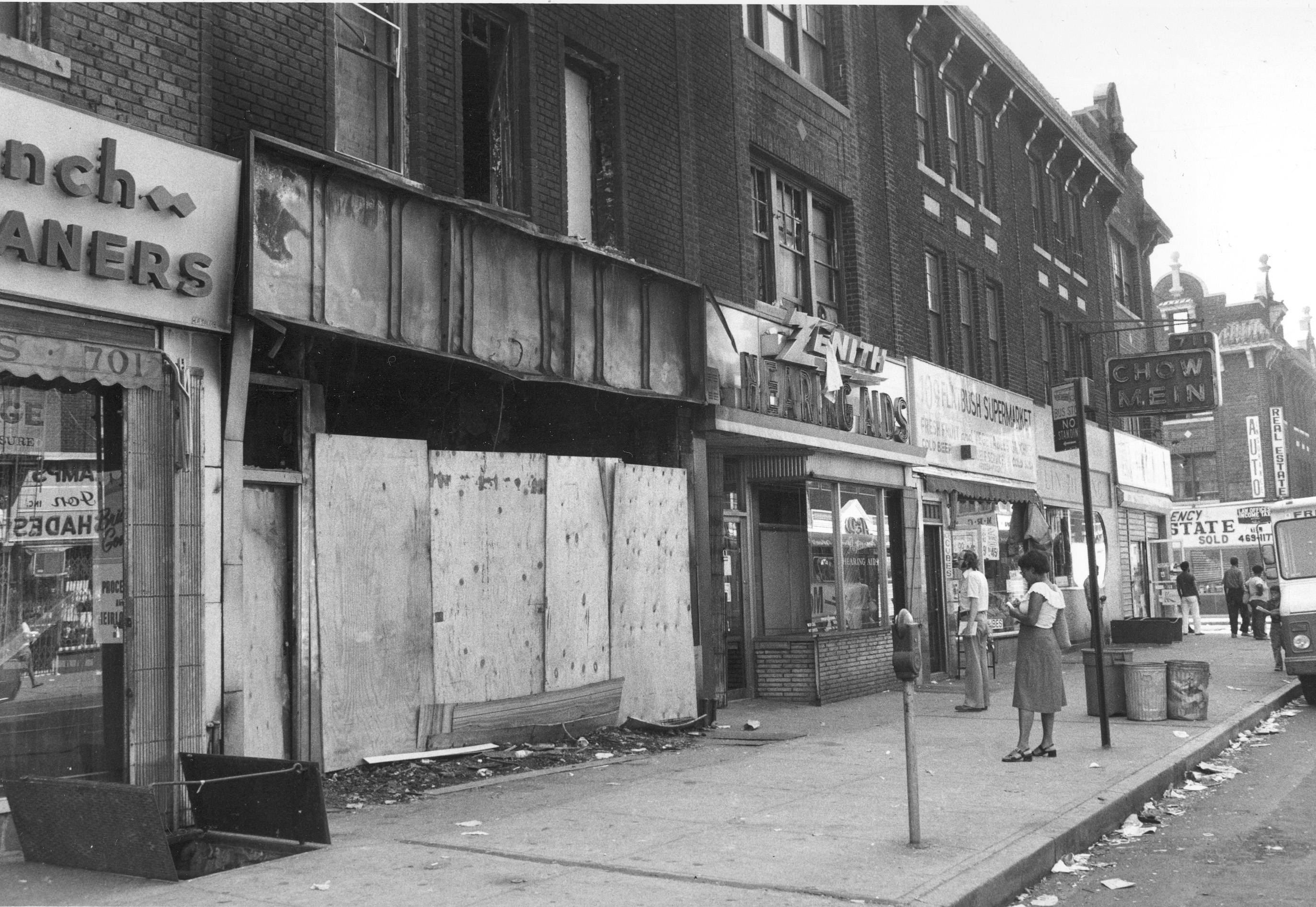This is a view of Flatbush Avenue, between Caton and Church Streets, in Brooklyn early Thursday, July 14, 1977, in the aftermath of looting and burning of stores during New York City's electrical power outage. (AP Photo)