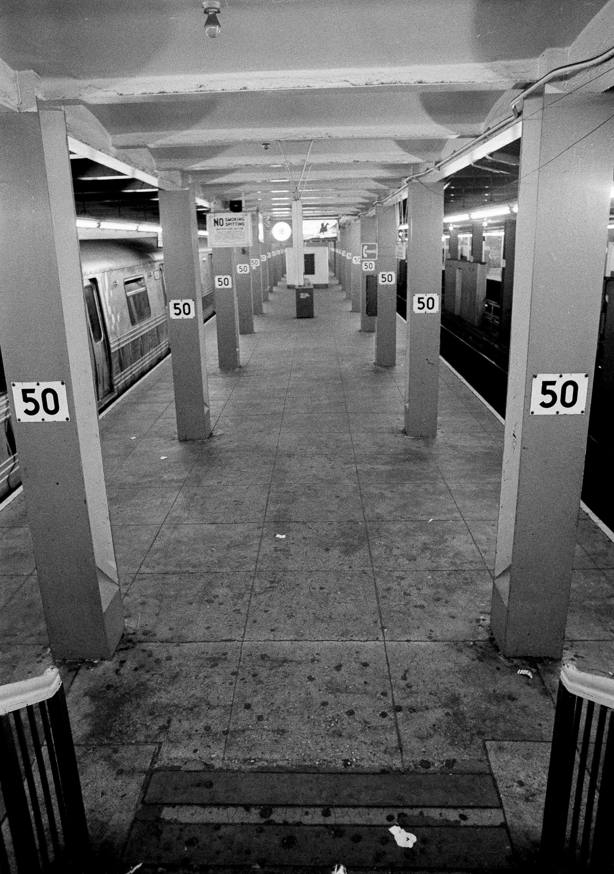 The subway platform at 50th Street under Rockefeller Center was empty of travelers at 5 P.M., July 14, 1977, when it would normally be jammed with rush hour commuters.
