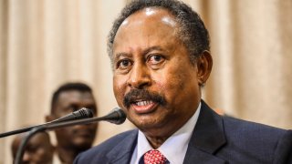 In this Aug. 21, 2019, file photo, Sudan's new Prime Minister Abdalla Hamdok speaks during a press conference in Khartoum, Sudan.