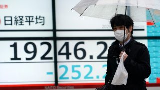 In this April 13, 2020, file photo, a man with a protective mask walks in the rain past an electronic stock board showing Japan's Nikkei 225 index at a securities firm in Tokyo.
