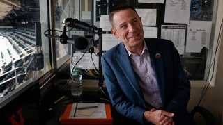 New York Mets public address announcer Colin Cosell answers questions during an interview, June 2, 2018, at Citi Field in New York.