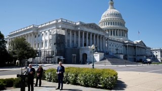 House Minority Whip Steve Scalise, R-La., bottom left, speaks at a news conference in front of House Republican Conference chair Rep. Liz Cheney, R-Wyo., and House Minority Leader Kevin McCarthy of Calif., Wednesday, April 22, 2020, on Capitol Hill in Washington.